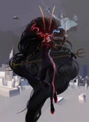  1girl black_bodysuit black_hair bodysuit breasts eye_trail fins head_fins her_imperious_condescension highres homestuck industrialrage large_breasts light_trail long_hair polearm solo statue_of_liberty trident troll_(homestuck) very_long_hair weapon 