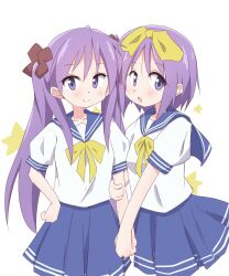  2girls blue_eyes bow closed_mouth collarbone dot_nose female_focus hair_bow highres hiiragi_kagami hiiragi_tsukasa holding_another&#039;s_arm holding_hands long_hair looking_at_viewer lucky_star medium_hair multiple_girls open_mouth purple_hair school_uniform serafuku short-sleeved_shirt short_sleeves siblings simple_background sisters skirt sqz306 standing star_(symbol) white_background 