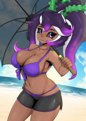  1girl absurdres beach bike_shorts bikini breasts cleavage cowboy_shot dark-skinned_female dark_skin dutch_angle female_focus highres horizon large_breasts light_smile looking_at_viewer nintendo octoling_player_character original outdoors purple_eyes sand seaweed short_shorts shorts smile solo splatoon_(series) splatoon_2 standing swimsuit tentacle_hair tentacles thick_thighs thighs water zzvinniezz  rating:Sensitive score:34 user:ZzVinniezZ