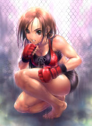  1girl barefoot breasts brown_eyes brown_hair cleavage feet frown goto_p highres kneeling mixed_martial_arts original short_hair shorts solo playing_sports sweat  rating:Sensitive score:31 user:JB-BMW1989
