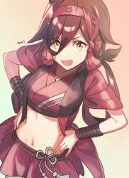  1girl artist_name botantouki bracer breasts brown_hair crop_top hair_between_eyes hands_on_own_hips haori headband highres jacket japanese_clothes long_hair looking_at_viewer midriff miniskirt navel no_reason_(umamusume) open_clothes open_jacket open_mouth red_shirt red_skirt shirt short_sleeves skirt small_breasts smile solo umamusume upper_body v-shaped_eyebrows yellow_eyes 
