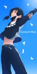  1girl absurdres acf_creator arms_up bird black_hair black_pants black_shirt blue_sky chainsaw_man closed_eyes closed_mouth commentary_request crop_top cropped_shirt day english_text highres low-tied_sidelocks mifune_fumiko navel outdoors pants shirt sky solo stretching sweatpants 