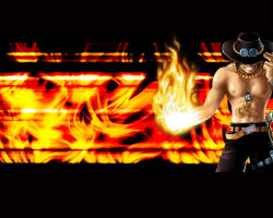  1boy abs belt black_background black_hair fire freckles grin hat hat_over_eyes jewelry knife male_focus muscular necklace one_piece portgas_d._ace sad_face topless_male smile smiley_face solo wallpaper weapon  rating:Sensitive score:2 user:MrMantrix