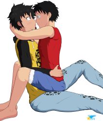 2boys artist_name bare_arms bare_shoulders barefoot black_hair closed_mouth denim denim_shorts eye_contact facial_hair feet_out_of_frame from_side fur-trimmed_shorts fur_trim goatee hatsuki_art hood hoodie hug long_sleeves looking_at_another male_focus monkey_d._luffy multiple_boys official_alternate_costume one_piece pants raglan_sleeves short_hair shorts sideburns simple_background sitting sitting_on_lap sitting_on_person sleeveless smile trafalgar_law white_background yaoi