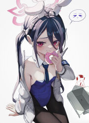 1girl :3 absurdres ahoge animal_ears armband armpit_crease doodle_sensei_(blue_archive) black_hair black_pantyhose blue_archive blue_armband blue_leotard blue_necktie bow breasts cleavage closed_mouth crumbs detached_collar doughnut eating fake_animal_ears food food_on_face fubuki_(blue_archive) grey_hair gro_(lee145879) hair_between_eyes hair_bow halo highres jacket leotard long_sleeves looking_at_viewer multicolored_hair necktie pantyhose playboy_bunny rabbit_ears red_eyes sensei_(blue_archive) sidelocks sitting small_breasts smile solo_focus spoken_expression streaked_hair thigh_gap twintails unzipped white_bow white_jacket zipper rating:Sensitive score:40 user:danbooru
