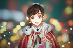  1girl akb48 blurry bokeh bow brown_eyes brown_hair cape depth_of_field earrings eyelashes fur_collar fur_trim hair_bow holding jewelry light_particles lights long_sleeves looking_at_viewer open_mouth rakuhei red_cape smile solo solo_focus tassel tearing_up tears trophy watanabe_mayu 