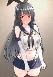  1girl black_hair black_hairband black_neckerchief black_panties blue_sailor_collar blue_skirt blush braid breasts cosplay cowboy_shot crop_top elbow_gloves embarrassed french_braid full-face_blush furaggu_(frag_0416) fusou_(kancolle) gloves hairband highleg highleg_panties highres kantai_collection large_breasts long_hair microskirt navel neckerchief panties pleated_skirt red_eyes sailor_collar shimakaze_(kancolle) shimakaze_(kancolle)_(cosplay) skirt solo standing striped_clothes striped_thighhighs thighhighs thong underwear very_long_hair white_gloves 