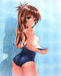 1girl ass blush breasts brown_hair flat_ass long_hair nipples one-piece_swimsuit one-piece_tan school_swimsuit shadow showering small_breasts solo swimsuit tamanegi_(genpi) tan tanline to_love-ru wet yuuki_mikan rating:Questionable score:19 user:danbooru