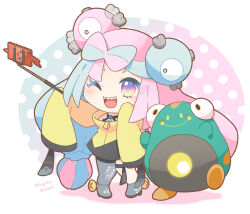  1girl bellibolt bow-shaped_hair character_hair_ornament creatures_(company) game_freak gen_1_pokemon gen_4_pokemon grey_pantyhose hair_ornament hexagon_print iono_(pokemon) jacket long_hair low-tied_long_hair magnemite mugita_konomi multicolored_hair nintendo one_eye_closed open_mouth oversized_clothes pantyhose pokemon pokemon_sv rotom rotom_phone sharp_teeth signature simple_background single_leg_pantyhose sleeves_past_fingers sleeves_past_wrists split-color_hair teeth two-tone_hair very_long_sleeves yellow_jacket 