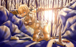  1girl arms_behind_back bdsm blonde_hair blue_eyes bolt_action bondage bound bow bra breasts bullet character_request crotch_rope female_focus forest fur_hat gag gagged gun hat highres lens_flare long_hair medium_breasts military nature no_panties rope shibari shier&#039;s_web snow spread_legs sun torn_clothes underwear ushanka weapon  rating:Questionable score:41 user:busunclehk2006