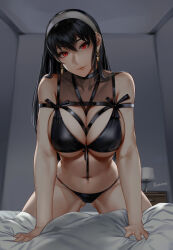  1girl absurdres artist_name bikini black_bikini black_choker black_hair breasts choker closed_mouth collarbone commentary dripping earrings easonx english_commentary gluteal_fold hair_between_eyes highres indoors jewelry large_breasts long_hair looking_at_viewer navel pov red_eyes sideboob spy_x_family stained_sheets steaming_body stomach sweat sweat_stain swimsuit thighs underboob variant_set very_sweaty yor_briar 