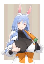  1girl absurdres animal_ear_fluff animal_ears apron areola_slip black_bodysuit blue_hair bodysuit border bow braid braided_ponytail breasts brown_background carrot commentary english_commentary hair_between_eyes hair_bow hair_over_shoulder highres holding holding_carrot hololive huge_breasts long_hair looking_at_viewer mature_female multicolored_hair orange_eyes outside_border parted_lips pekomama rabbit_ears rabbit_girl revision short_eyebrows siu_hing5262 solo thick_eyebrows two-tone_hair upper_body virtual_youtuber white_apron white_border white_bow white_hair 