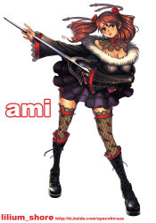 1girl amy_sorel bare_shoulders boots breasts character_name choker dress drill_hair fishnet_thighhighs fishnets flower fur_trim gothic_lolita lace lilim_shore lolita_fashion red_eyes red_flower red_hair red_rose rose short_twintails solo soul_calibur soulcalibur soulcalibur_iv sword thighhighs twintails weapon rating:Sensitive score:15 user:danbooru