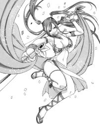  1girl alternate_costume alternate_hairstyle arabian_clothes arm_up armlet bikini bikini_top_only bow bracelet breasts cleavage confetti dancer dual_wielding erza_scarlet fairy_tail floating_hair full_body gem gladiator_sandals greyscale harem_outfit head_tilt holding jewelry large_breasts leg_lift long_hair looking_afar mashima_hiro midriff monochrome navel neck_ring necklace official_art outstretched_arm over_shoulder perspective quad_tails sandals scrunchie shawl side_slit sidelocks simple_background skirt smile solo swept_bangs swimsuit sword thighlet toes very_long_hair weapon weapon_over_shoulder wide_hips  rating:Sensitive score:55 user:danbooru