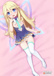 1girl :d bad_id bad_pixiv_id blonde_hair blue_eyes blush breasts circuit_board cleavage_cutout clothes_pull clothing_cutout dress dress_pull english_text finger_to_mouth full_body highres histoire knees_together_feet_apart loli long_hair looking_at_viewer lying necktie neptune_(series) nipples no_panties on_back open_mouth purple_dress pussy pussy_juice small_breasts smile solo teeth thigh_gap thighhighs uncensored upper_teeth_only upskirt vahn_yourdoom white_thighhighs wings rating:Explicit score:105 user:danbooru
