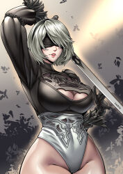  1girl 2024 2b_(nier:automata) absurdres arm_up black_blindfold black_gloves black_shirt blindfold breasts cleavage_cutout clenched_teeth clothing_cutout commentary cowboy_shot day english_commentary facing_viewer falling_petals feather-trimmed_sleeves female_focus gloves grey_sky groin highleg highleg_leotard highres holding holding_sword holding_weapon juliet_sleeves large_breasts legs_together leotard long_sleeves mole mole_under_mouth nier:automata nier_(series) outdoors overcast parted_lips petals puffy_sleeves red_lips shiny_skin shirt short_hair sky solo spread_fingers sword teeth thick_thighs thighs treartz weapon white_hair white_leotard 