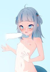 1girl absurdres ahoge blue_background blue_eyes blue_hair blue_theme blunt_bangs blush breasts censored collarbone cum cum_on_body cum_on_breasts cum_on_upper_body cum_string disembodied_penis dot_nose facial fins fish_tail flat_chest furrowed_brow gawr_gura hair_ornament highres hololive hololive_english loli lucasyecla99 matching_hair/eyes medium_hair navel nipples nose_blush nude open_mouth penis simple_background small_breasts solo_focus tail upper_body virtual_youtuber rating:Explicit score:272 user:Oishlam
