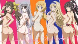  5girls absurdres ass ass_focus black_hair blonde_hair breasts brown_hair butt_crack cecilia_alcott charlotte_dunois eyepatch hair_ornament hands_on_own_hips highres huang_lingyin infinite_stratos large_breasts laura_bodewig medium_breasts multiple_girls nipples nude ponytail shinonono_houki silver_hair small_breasts take_your_pick y_shaped_butt_crack  rating:Explicit score:156 user:goldfishbowl