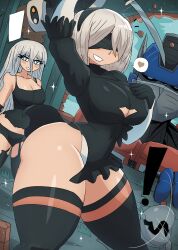  ! 1boy 2b_(nier:automata) 2girls a2_(nier:automata) black_dress black_gloves black_panties black_shirt black_thighhighs blindfold blue_eyes blush breasts cleavage cleavage_cutout clothing_cutout collarbone crossover dress gloves grey_hair grin hairband hand_on_own_chest hasbro heart holding large_breasts leotard long_hair long_sleeves looking_at_viewer mecha multiple_girls nier:automata nier_(series) optimus_prime panties pod_(nier:automata) puffy_sleeves robot shirt short_hair smile sparkle speech_bubble spoken_heart square_enix sword tank_top teeth thick_thighs thighhighs thighs tony_welt transformers underwear weapon white_leotard wide_hips 