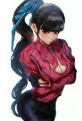  1girl arms_under_breasts black_gloves black_hair black_pants blouse blue_ribbon blunt_bangs breasts brown_eyes cleavage cleavage_cutout clothing_cutout crossed_arms dangle_earrings earrings eve_(stellar_blade) gloves hair_pulled_back hair_ribbon highres jewelry large_breasts lips long_hair long_sleeves looking_at_viewer magion02 pants pink_shirt ponytail ribbon shirt shirt_tucked_in solo stellar_blade very_long_hair white_background 