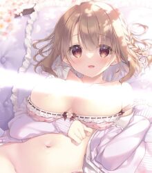  1girl :d areola_slip blurry blurry_foreground bow bow_bra bra bra_pull breasts brown_eyes brown_hair censored clothes_pull commentary_request depth_of_field flower frilled_pillow frills groin hair_between_eyes jacket light_censor long_sleeves looking_at_viewer medium_breasts navel open_clothes open_mouth open_shirt original out-of-frame_censoring pillow pink_bra purple_jacket shirt sleeves_past_wrists smile solo underwear upper_body white_flower white_shirt yukie_(peach_candy) 