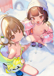 2girls breasts censored coat earmuffs exhibitionism female_focus functionally_nude hair_ornament hairclip hat henreader loli medium_hair mosaic_censoring multiple_girls nipples nonchalant_peeing original outdoors pee peeing peeing_together pink_coat public_indecency pussy shoes small_breasts snow squatting thighhighs winter_clothes winter_coat yellow_coat rating:Explicit score:451 user:danbooru