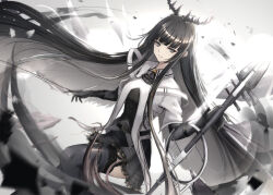  1girl absurdly_long_hair absurdres antenna_hair arknights ascot backlighting belt belt_buckle black_ascot black_belt black_garter_straps black_gloves black_hair black_halo black_skirt black_thighhighs bloom blunt_bangs blurry blurry_background blurry_foreground bow_(music) breasts bright_pupils broken_halo buckle bustier buttons cello closed_mouth collared_jacket colored_inner_hair commentary dark_halo day depth_of_field feet_out_of_frame floating floating_hair from_side garter_straps gloves grey_eyes grey_hair grey_shirt grey_sky halo hands_up highres hime_cut holding holding_bow_(music) holding_instrument instrument jacket knees lace lace-trimmed_skirt lace_trim layered_clothes layered_sleeves light_particles light_rays long_hair long_sleeves looking_at_viewer looking_to_the_side medium_breasts miniskirt mole mole_under_eye multicolored_hair outdoors pleated_skirt poni_(poni_arknights) shirt short-sleeved_jacket short_over_long_sleeves short_sleeves sidelocks skirt sky smile solo straight_hair strap sunbeam sunlight thighhighs thighs two-tone_hair untucked_shirt very_long_hair virtuosa_(arknights) white_jacket white_pupils wide_sleeves wing_collar zettai_ryouiki 