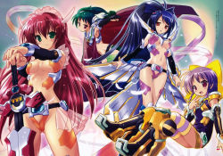 4girls :d absurdres age_difference amane_mao angry antenna_hair armor armpits belt blue_hair blush boots bow braid breasts child cleavage cloak crease detached_sleeves everyone feathers flat_chest frills gem glowing green_eyes green_hair groin hair_between_eyes hair_bow hair_ornament hairclip highres huge_filesize kagura_tamaki knee_boots komatsu_eiji long_hair looking_at_viewer looking_back maid_headdress mecha_musume multiple_girls navel official_art open_mouth orange_eyes outstretched_arm ouunji_kanade pink_eyes pleated_skirt ponytail purple_eyes purple_hair purple_legwear red_hair revealing_clothes scan see-through sitting skirt smile sparkle standing striped_clothes striped_legwear striped_thighhighs swept_bangs sword takasu_akiho thighhighs transparent twin_braids twintails underboob v very_long_hair vita_sexualis weapon wings yellow_legwear