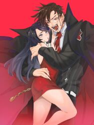  1boy 1girl aged_down beard black_hair brown_hair dress facial_hair formal guilty_gear guilty_gear_strive highres husband_and_wife luci_omi_gusu monocle monocle_chain necktie sharon_(guilty_gear) slayer_(guilty_gear) suit vampire 