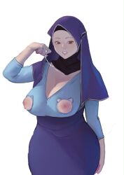 1girl breasts cat_cutout cleavage clothing_cutout curvy hijab jewelry large_breasts looking_at_viewer mature_female necklace nipple_cutout original pencil_skirt red_eyes simple_background skirt yohohoho  rating:Sensitive score:26 user:Torando340