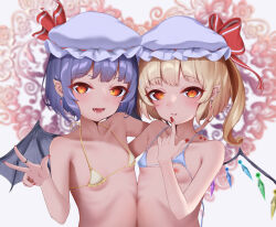  2girls absurdres bat_wings bikini blonde_hair blush breasts crystal cuneiform_commentary ear_piercing earrings fangs finger_to_own_chin flandre_scarlet g2_xpf grey_hair hand_on_another&#039;s_shoulder hat heart heart_background highres hug jewelry loli looking_at_viewer micro_bikini mob_cap multiple_girls nipple_slip nipples one_side_up orange_eyes piercing pointy_ears red_nails remilia_scarlet ring short_hair small_breasts swimsuit touhou upper_body v white_hat wings  rating:Questionable score:35 user:danbooru