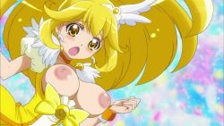 1girl blonde_hair blush bow breasts breasts_out cure_peace earrings embarrassed highres jewelry large_areolae nude_filter open_mouth precure screencap smile_precure! solo third-party_edit yellow_eyes  rating:Explicit score:23 user:Fuckyou357853