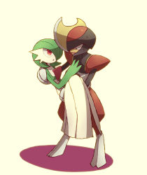  1boy 1girl beige_background black_eyes blade carrying colored_skin creatures_(company) full_body gallade game_freak gardevoir gen_3_pokemon gen_4_pokemon green_hair green_skin hair_over_one_eye hand_on_another&#039;s_chest hand_up looking_at_another multicolored_skin nintendo no_humans open_mouth pokemon pokemon_(creature) princess_carry red_eyes shiwo_(siwosi) short_hair simple_background standing sweat two-tone_skin white_skin  rating:General score:15 user:dmysta3000