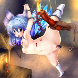 bdsm blue_eyes bondage bound breasts candle cirno dildo highres monikano multicolored_hair nude pussy spread_legs touhou uncensored wax wooden_horse rating:Explicit score:31 user:spiderfan