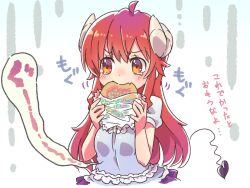  1girl blush bread brown_eyes commentary_request curled_horns demon_girl demon_horns demon_tail eating expressive_tail fang food frustrated hair_between_eyes hands_up highres holding holding_food horns hungry icorasama long_hair looking_to_the_side machikado_mazoku melon_bread motion_lines red_hair sidelocks simple_background skin_fang solo sound_effects stomach_growling tail tareme tears translated upper_body v-shaped_eyebrows very_long_hair white_background yoshida_yuuko_(machikado_mazoku) 