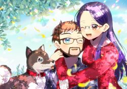  1boy 1girl ;d animal aran_sweater arms_around_neck beard blue_eyes blue_sky brown-framed_eyewear brown_eyes brown_hair cable_knit cloud collar collared_shirt commentary_request commission day dog facial_hair forehead glasses grey_eyes grey_shirt kou_hiyoyo long_hair long_sleeves mustache one_eye_closed open_mouth original outdoors parted_bangs petals plaid plaid_shirt puffy_long_sleeves puffy_sleeves purple_hair red_collar red_sweater ribbed_sweater shirt skeb_commission sky sleeves_past_wrists smile sweater tongue tongue_out upper_body very_long_hair 