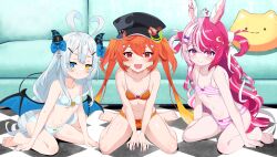  3girls akugaki_koa animal_ears barefoot belly blue_bra blue_eyes blue_panties bow bra breasts closed_mouth commission couch demon_horns enya_ignis fangs feet flat_chest floor hair_ornament hat heterochromia highres horns idol_corp kiniro_tofu kneeling knees lalabell_lullaby long_hair looking_at_viewer multicolored_hair multiple_girls navel open_mouth orange_bra orange_hair orange_panties panties pillow pink_bra pink_eyes pink_hair pink_panties rabbit_ears red_eyes ribbon skin_fangs small_breasts smile striped_bra striped_clothes striped_panties thighs twintails underwear underwear_only very_long_hair virtual_youtuber wallpaper white_hair yellow_eyes 