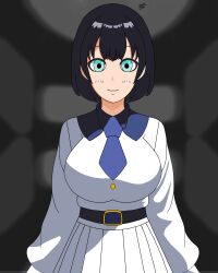  1girl absurdres black_hair blue_eyes breasts classroom collared_shirt highres indoors large_breasts long_sleeves looking_at_viewer narrow_waist necktie pleated_skirt sailor_collar school_uniform shirt short_hair simple_background skirt solo standing thick_thighs thighs  rating:General score:1 user:AnuvisUR