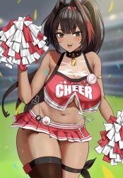  1girl :d ahoge bay_(nikke) black_thighhighs blush breasts brown_eyes brown_hair cheerleader collar crop_top dark-skinned_female dark_skin facial_tattoo goddess_of_victory:_nikke hair_intakes hairband highres large_breasts long_hair mole mole_on_stomach mole_under_eye mole_under_mouth multicolored_hair navel open_mouth pom_pom_(cheerleading) ponytail red_hair red_shirt red_skirt shirt single_thighhigh skirt smile solo spiked_collar spikes stadium star_tattoo streaked_hair tattoo thigh_strap thighhighs thighs underboob yamamori_kinako 