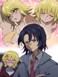  1boy 1girl anger_vein angry ascot athrun_zala blonde_hair blue_hair blush breasts cagalli_yula_athha closed_eyes coat couple formal green_eyes gundam gundam_seed gundam_seed_destiny gundam_seed_freedom helloblowhollow hetero highres jacket necktie nude pant_suit pants partially_undressed purple_coat raised_fist shirt short_hair suit thinking underwear underwear_only yellow_eyes 