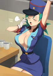  1girl barleyshake breasts cleavage creatures_(company) game_freak hat jenny_(pokemon) large_breasts nintendo pokemon pokemon_(anime) police police_uniform policewoman solo uniform 