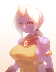 1girl armband armlet breasts colored_skin gem highres horns jewelry large_breasts league_of_legends long_hair looking_at_viewer nanquan_zhanglang necklace pointy_ears ponytail purple_skin sideboob single_horn solo soraka_(league_of_legends) tattoo very_long_hair white_background white_hair yellow_eyes rating:Sensitive score:22 user:danbooru