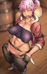 1girl black_pants boots breasts choker covered_erect_nipples curvy demon_girl ear_piercing earrings excessive_pubic_hair female_pubic_hair gloves hands_in_pockets highres horns indoors jacket jewelry large_breasts large_nipples looking_at_viewer monster_girl navel necklace no_bra no_panties oni open_mouth pants pepe_(jonasan) piercing pink_hair pointy_ears ponytail pubic_hair see-through see-through_shirt short_hair standing sword thick_thighs thighs weapon wide_hips yellow_eyes rating:Explicit score:137 user:Dirispon