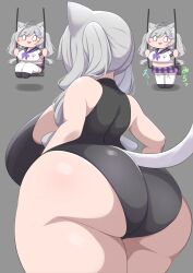  1girl ahoge animal_ears ass bare_shoulders black_leotard blush_stickers breasts cat_ears cat_girl cat_tail chibi curvy from_behind grey_background grey_hair huge_ass huge_breasts indie_virtual_youtuber leotard long_hair magure_senshi nekono_shirone o_o shortstack sideboob simple_background solo swing tail thick_thighs thighs twintails virtual_youtuber 