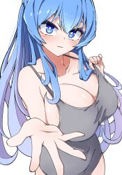  1girl bare_shoulders blue_eyes blush braid breasts collarbone dongtan_dress dress goddess_of_victory:_nikke grey_dress helm_(nikke) huge_breasts long_hair looking_at_viewer meme_attire open_hand reaching reaching_towards_viewer simple_background skin_tight solo white_background yoonsun 