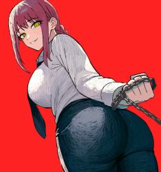  1girl ass black_necktie black_pants braid braided_ponytail breasts brown_hair chain chain_leash chainsaw_man femdom holding holding_leash huge_ass large_breasts leash leash_pull looking_at_viewer looking_back makima_(chainsaw_man) necktie pants red_background ringed_eyes shirt sidelocks simple_background smile solo white_shirt yellow_eyes zeon_(zzeeonn)  rating:Sensitive score:131 user:danbooru