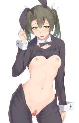  1girl animal_ears bad_id bad_pixiv_id blush bottomless breasts censored cleft_of_venus collar fake_animal_ears female_pubic_hair highres kantai_collection leotard long_hair long_sleeves looking_at_viewer meme_attire navel nipples playboy_bunny pointless_censoring pubic_hair rabbit_ears revealing_clothes reverse_bunnysuit reverse_outfit simple_background small_breasts solo takaman_(gaffe) torso transparent_censoring twintails white_background wrist_cuffs yellow_eyes zuikaku_(kancolle)  rating:Explicit score:71 user:danbooru