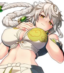  1girl asymmetrical_hair blush braid breasts cleavage cleavage_cutout clothing_cutout cloud_print hair_ornament interlocked_fingers kantai_collection large_breasts long_hair looking_at_viewer navel own_hands_together simple_background single_braid smile solo stomach tsukinami_kousuke unryuu_(kancolle) upper_body very_long_hair wavy_hair white_background white_hair yellow_eyes  rating:Sensitive score:29 user:danbooru