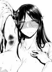  1girl arm_up armpit_hair armpits blush breasts closed_mouth female_focus greyscale jewelry large_breasts long_hair looking_at_viewer mole mole_on_breast monochrome pointy_ears ring smile solo sweat tanishi_(tani4)  rating:Questionable score:71 user:tekkeX