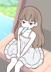 1girl anatomy_of_a_gamer_(meme) between_legs blunt_bangs blurry blurry_background blush_stickers borrowed_character brown_hair chavez child_gf_(orenji) cowboy_shot dress food food_in_mouth hand_between_legs ink_(inksgirls) long_hair looking_at_viewer meme original popsicle popsicle_in_mouth raised_eyebrow sexually_suggestive sitting solo sundress v-shaped_eyebrows white_dress  rating:Sensitive score:153 user:danbooru